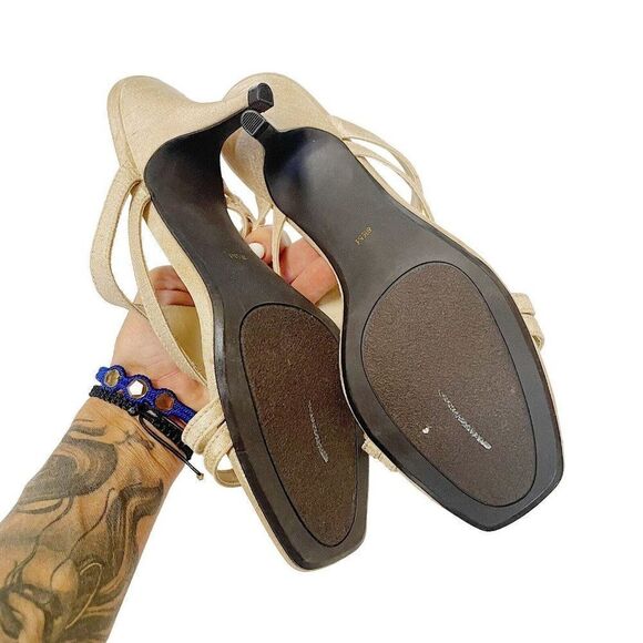 A/M by Ann Marino vintage gold open toe slip on cut out square toe heeled sandal - Picture 8 of 8